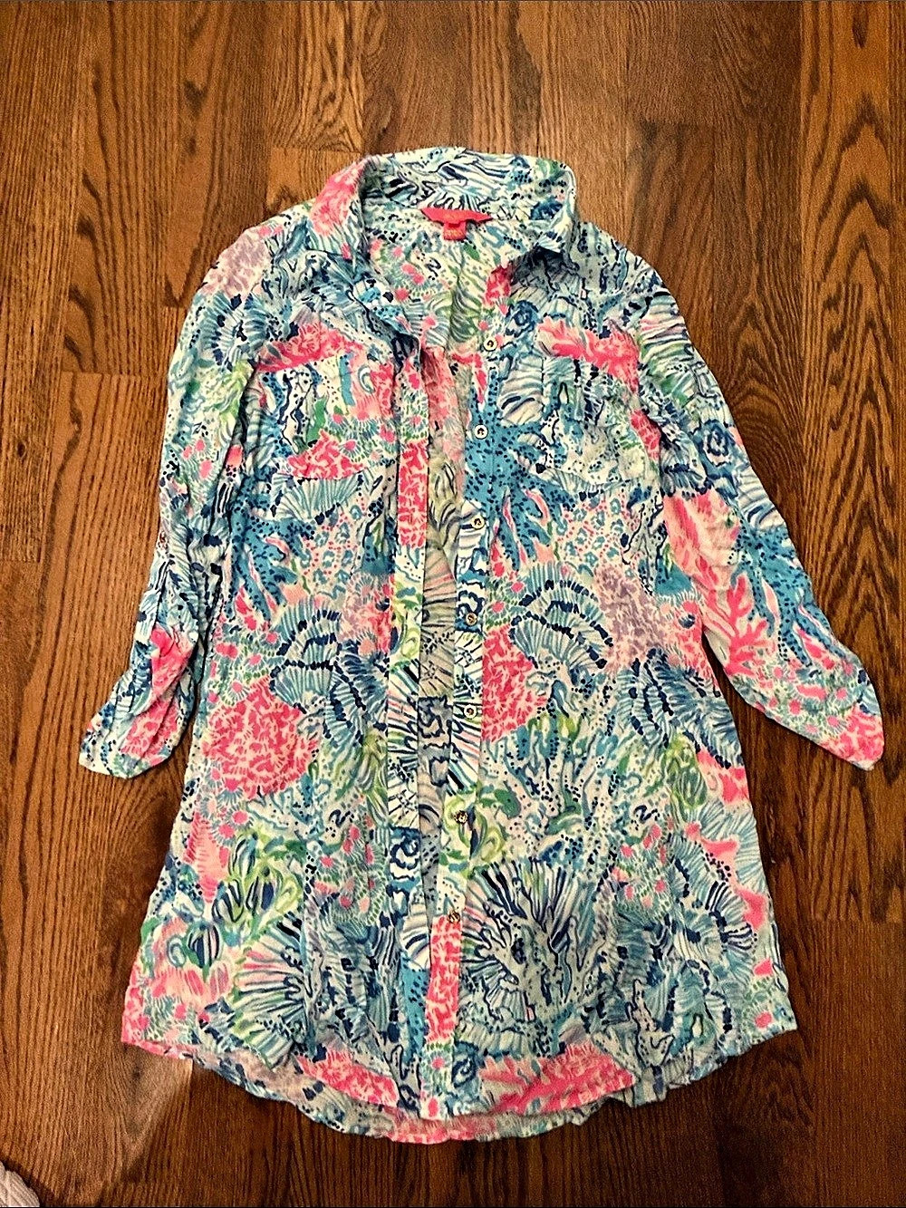 Lilly Pulitzer Floral Button Down Shirt coverup Blue & Pink Size XS